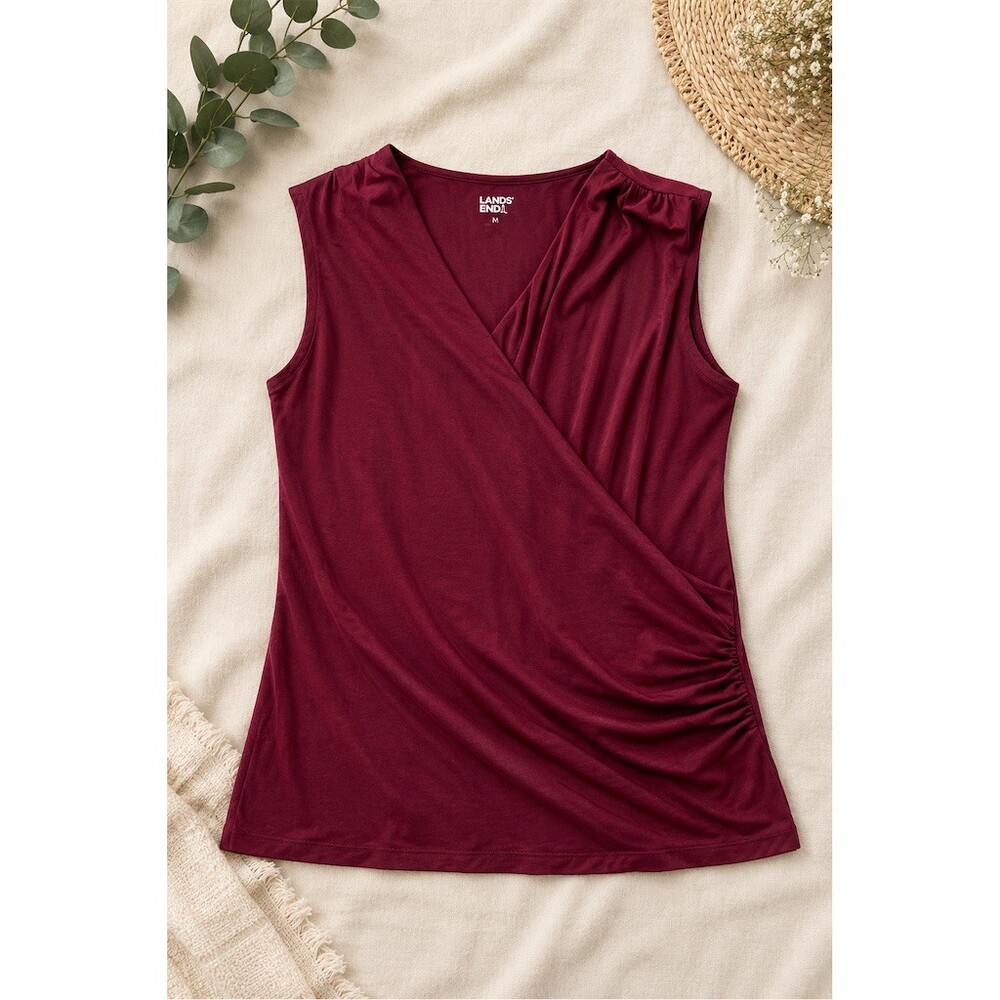 Lands’ End Womens Faux Wrap Sleeveless Tank Top Burgundy Size L Ruched